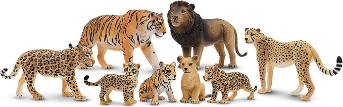 Toymany 8PCS 2-5" Plastic Jungle Animals Figures Playset Includes Baby Animals, Realistic Lion, Tiger, Cheetah, Leopard Figurines with Cubs, Cake Toppers Christmas Birthday Toy Gift for Kids Toddlers