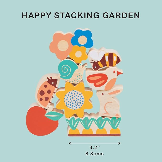 Mentari Toys - Happy Stacking Garden - 9 Wooden Nature Theme Pieces Stacking Toy - Boost Fine Motor Skills and Dexterity - Age 18 Months+