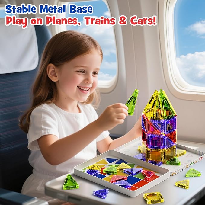 Mini Magnetic Tiles for Kids Travel - 40pcs STEM Building Blocks with Visual Storage Guide & Metal Box Play Base, Toddler Airplane Activities Toys for Ages 3-5,4-8, Compact Travel Toys