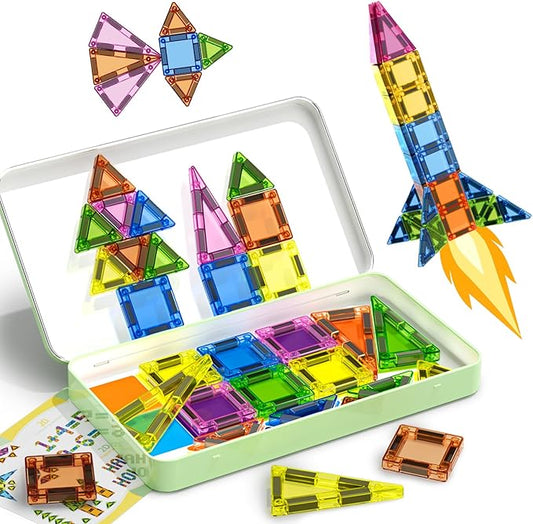 50PCS Mini Magnetic Tiles Travel Toys for Kids Ages 3+, Portable STEM Magnetic Blocks with Storage Tin, Montessori Educational Sensory Toy, Gifts for Boys & Girls, Airplane Car Travel Toys