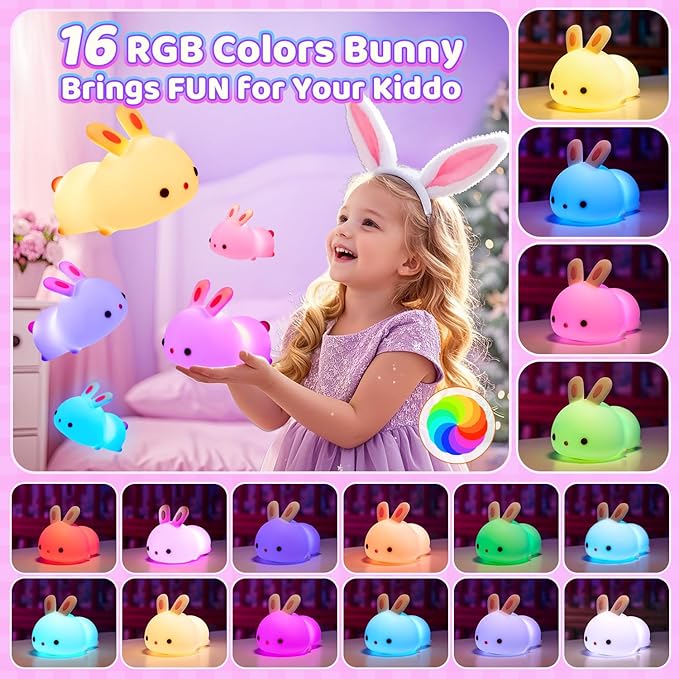 One Fire Bunny Night Light for Kids,16 Colors+ Silicone Soft Toddler Night Light, Dimmable+Rechargeable Nightlight for Kids Room, Easy Tap Control Bunny Lamp, Rabbit Lamp, Cute Stuff, Gifts for Girls