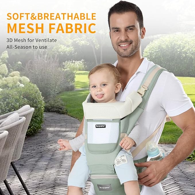 KIYUMI Baby Carrier with Hip Seat, 6- in-1 Baby Carrier Newborn to Toddler, Ergonomic M Position with Head Support and Breathable Mesh,Adjustable Removable Baby Sling Carrier (7-45 lbs) BXLU