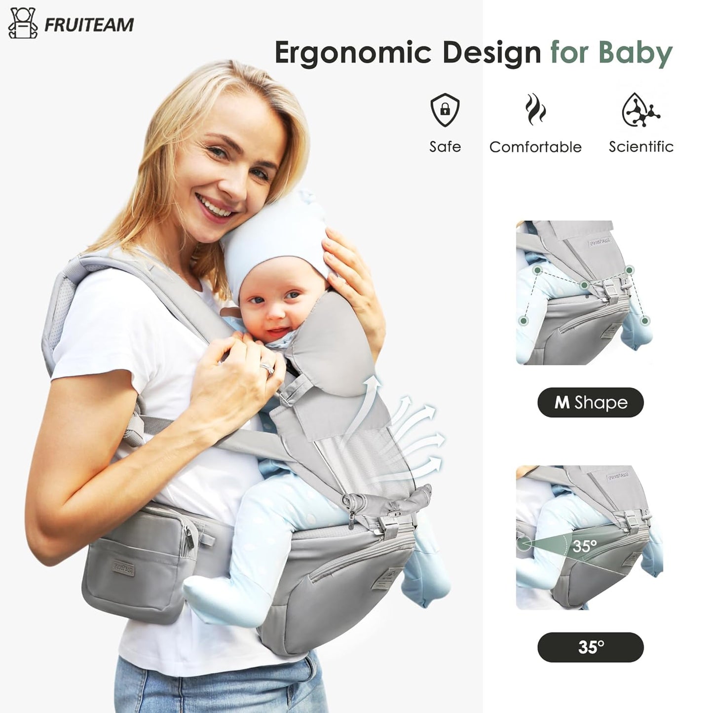 FRUITEAM Baby Carrier Newborn to Toddler - Safety-Certified Waist Stool with Hip Seat, Ergonomic 6-in-1 Baby Carrier with Head Support, Great for Travel and Outdoor Activities
