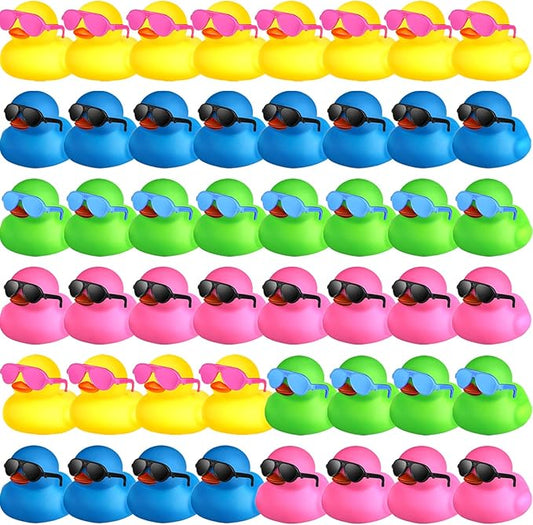 Chivao 48 Pcs Mini Rubber Ducks with Sunglasses in Bulk Small Duck Gift Bathtub Toys for Holiday Cruise Birthday Party Favor(Multicolor)