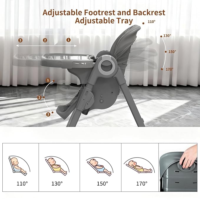 4 in 1 High Chairs for Babies and Toddlers, Foldable Baby High Chairs, Feeding and Eating Seat Highchair with 4 Levels of Recline and 7 Levels of Height Adjustment, Starry Gray