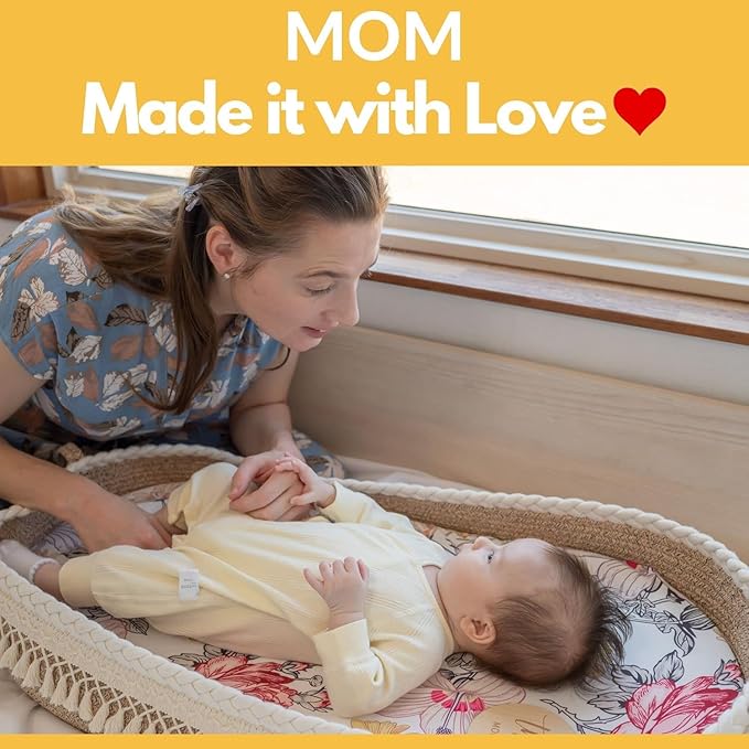 Baby Changing Basket Set with Diaper Caddy Organizer Macrame Boho Moses Basket for Babies, Handmade 100% Cotton Rope, Woven Portable Nursery Decor Waterproof Pad & Floral Pad