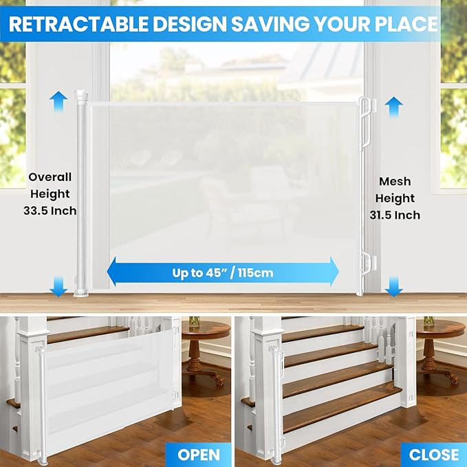 Retractable Safety Baby Gate or Mesh Dog Gate,Durable Portable Mesh Retractable Gate,Easy to Use for Stairs, Doorways, Hallways, Indoor, Outdoor, 33.5" Tall, Up to 45" Wide, White