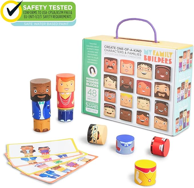 48-Piece Multiracial Family Play Set – Magnetic Wooden Diversity Building Blocks for Kids – Multicultural Puzzles, SEL Toy for Ages 1+
