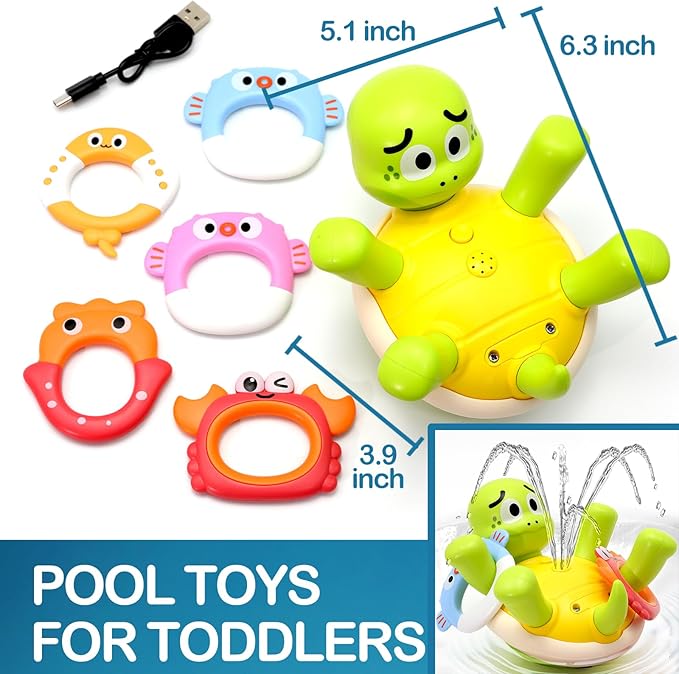 Swimming Turtles Bath Toy, Cute Baby Bath Toys with One-Touch Water Spray Button, Rechargeable Pool Bath Toys for Kids Ages 1-3, Toddler Bathtub Toys with 5 Rings, Water Toys for Toddlers 1-3 Gift