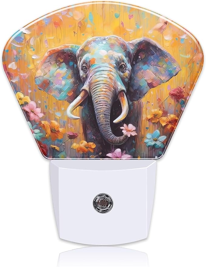 Watercolor Elephant Night Light for Kids Girls Boys, Flowers LED Night Light Plug into Wall with Dusk to Dawn Sensor for Bedroom, Hallway, Kitchen, Bathroom, Stairs Decor