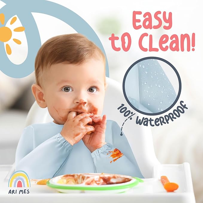 ARI MES Long Sleeves Waterproof Baby Bibs for Eating - Dinosaurs, Large- Wearable, Coverall for Toddler, Long Sleeve Bib, Smock Apron for Feeding - Applicable for 6-72 Months