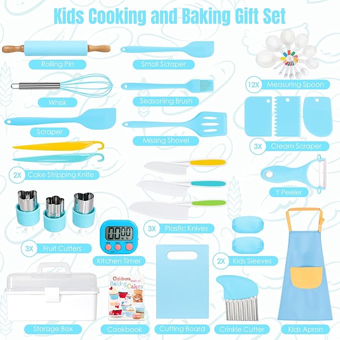 37PCS Kids Cooking Sets Real, Kids Cooking and Baking Gift Set with Storage Case Timer Kid Safe Knives Cutting Board, Toddler Real Kitchen Accessories, Birthday Gifts for Girls Boys Age 4 - 8
