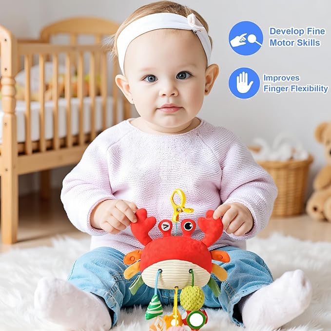 Carseat Toys Hanging, Crab Stroller Toy with Clamp,Plush Pull String Sensory Rattle,Built-in Bell, Rattle,Squeaky,Mirror for Infant,Babies Gift 0-3-6-12 Months Boy Girl