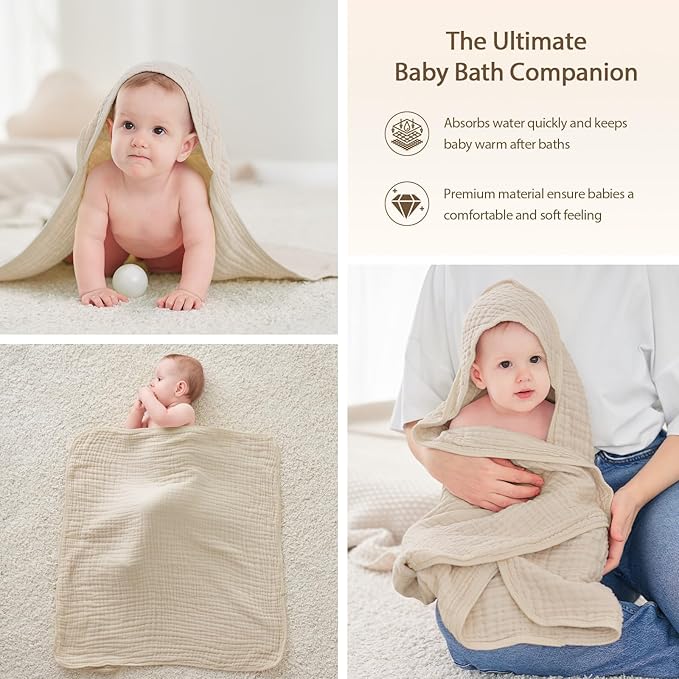 Hooded Baby Towels for Newborn - 2 Pack, 100% Muslin Cotton, Baby Bath Towels with Hood, Soft and Absorbent for Boys, Girls Infant, Toddler and Kids, Large 32x32 Inches, Newborn Essential