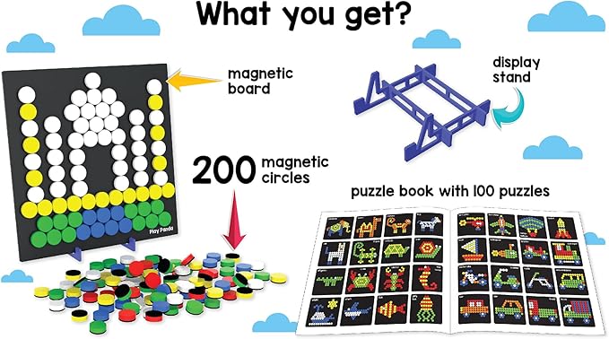 Magnetic Puzzle Circles | 100 guided Puzzles | 200 Tangram Puzzle Circles Magnets | Magnetic Board & Display Stand | STEM Educational Toy for Kids Ages 5+ years