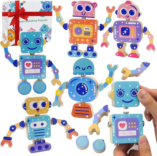 Robots Wooden Snap-Together Building Toys – 28-Piece STEM Montessori Educational Blocks for Toddlers Ages 3–6 | Fine Motor Skills Development | Safe, Durable, Creative Robot Toys Gift for Kids