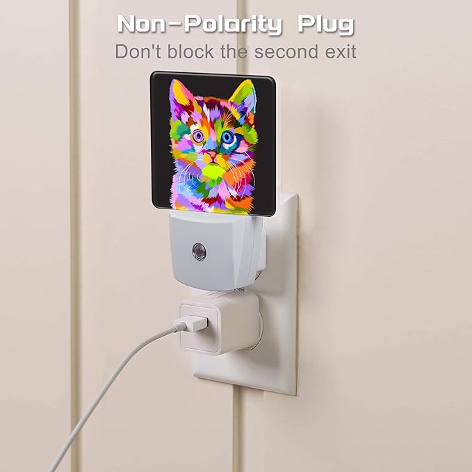 Cat on Pop Art Night Light Plug into Wall, Cute Colorful Cat Dusk to Dawn Night Light, 0.5w Energy Saving Sleep Friendly Nightlights for Kids Boys Girls Home Decor