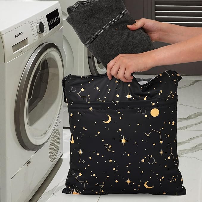 2pcs Travel Waterproof Laundry Bag, Cloth Diaper Wet Dry Bags with Handle & 2 Zipper Pockets, Reusable Washable Dirty Clothes Bag for Baby Adult Travelling Hanging, Bathing Beach Pool Daycare