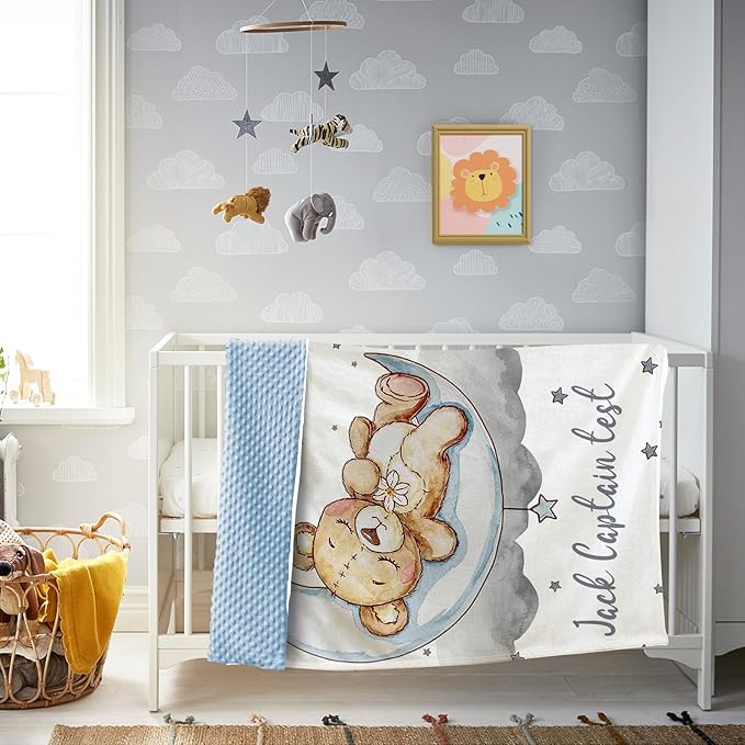 Personalized Baby Blanket, Custom Baby Blankets with Name for Infant Boys Girls, Flannel Double Layer Dotted Backing Receiving Swaddle Blanket, Gray Bear Toddler Customized Gifts(47"x60")