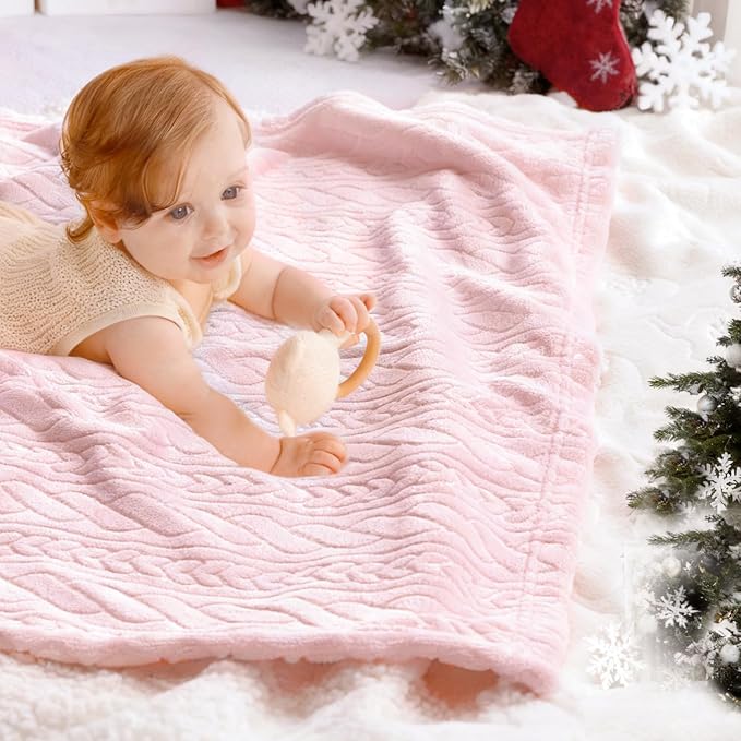 BORITAR 3D Fleece Baby Blanket for Girls, Warm and Lightweight Infant Toddler Newborn Bed Blanket with Reversible Plaited for Crib Stroller and Home Decor (30x40 inch, Pink)