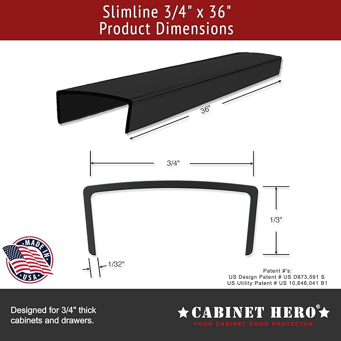 Cabinet Hero Slimline Cabinet Edge Protector - Prevents Chipping, Wear, Discoloration - Drawer Edge Guard, Bumper for Drawer - Easy Slip-On Installation - 3/4" Thick, 36" Length, Black, Pack of 4