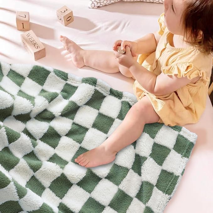 HOMRITAR Baby Blanket for Boys 3D Checkered Baby Blankets Soft Plush Warmer Fluffy Fleece Infant Toddler Newborn Receiving Blankets for Bed Crib Stroller All Season 30 x 40 Inch, Forset Green