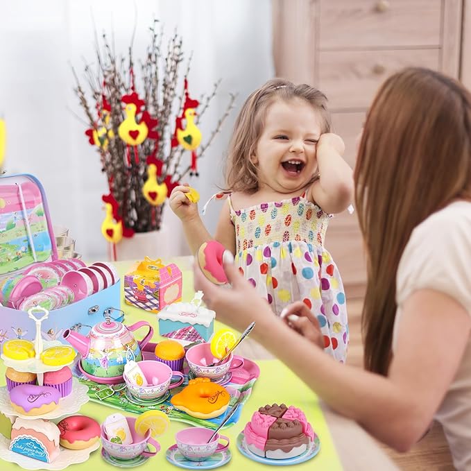 Tea Set for Little Girls,PRE-WORLD 50PCS Princess Tea Party Time Toy Including Dessert,Cookies,Doughnut,Teapot Tray Cake, Tablecloth & Carrying Case,Kids Kitchen Pretend Play for Girls Boys Age 3-6