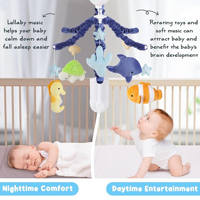 Ocean Crib Mobile - Musical Baby Mobile for Crib with 12 Lullabies for Boys & Girls, Sea Animals Baby Crib Mobile, Nursery Mobiles, Fits Standard Cribs