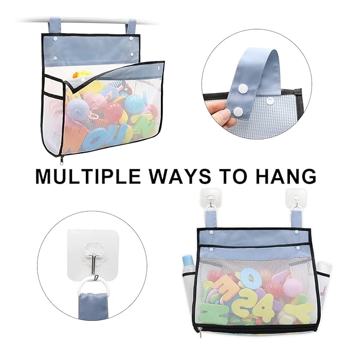 Bath Toy Organizer Multiple Ways to Hang, Extra Large Opening Bathroom Toy Holder, Bottom Zipper Bathtub Toy Storage Bag (Black)