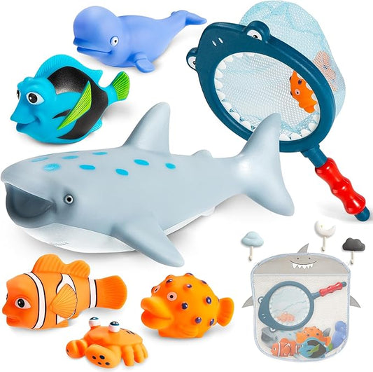 No Hole Mold Free Bath Toys for Toddlers 1-3, Water Toys for 6-12 Months Infants with Storage Bag, Baby Shark Toys for Pool, Bathtub, Beach, Shower, Tub, Kids Boys Girls