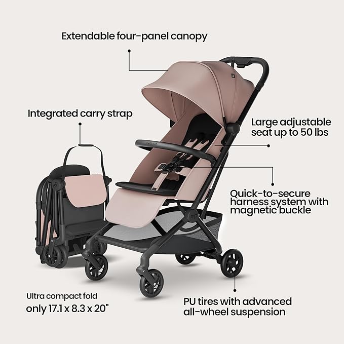 Mompush Velo Lightweight Travel Stroller, Compact & Airplane-Friendly for Baby and Toddler, Lie-Flat Seat, One-Hand Fold, with Leather Bumper Bar, Shoulder Strap, Raincover, Storage Bag & Cup Holder