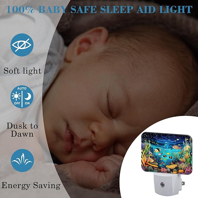 Colorful Underwater World Night Light for Kids, Fish and Coral LED Night Light Plug into Wall with Dusk to Dawn Sensor for Girls Boys Women Men Bedroom,Hallway,Kitchen,Bathroom,Stairs Decor