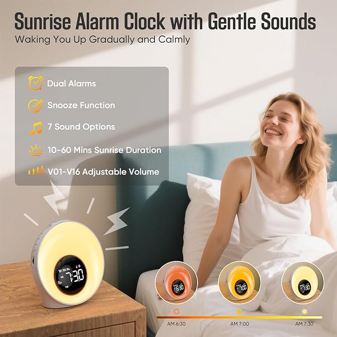 Wake Up Light Sunrise Alarm Clock, White Noise Sleep Sound Machine with 30 Soothing Sounds, Night Lights, Dual Alarms, Snooze, Timer, Bedside Lamp, Christmas Gift for Women, Kids, Heavy Sleepers
