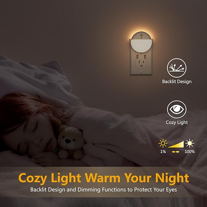 2 Pack Plug in Night Light with 3 Lighting Ways, Stepless Dimming, Light Sensor, Warm White Nightlight for Bathroom, Hallway, Stairs, Bedroom, Kitchen, Kids, Girls, Boys, Adults