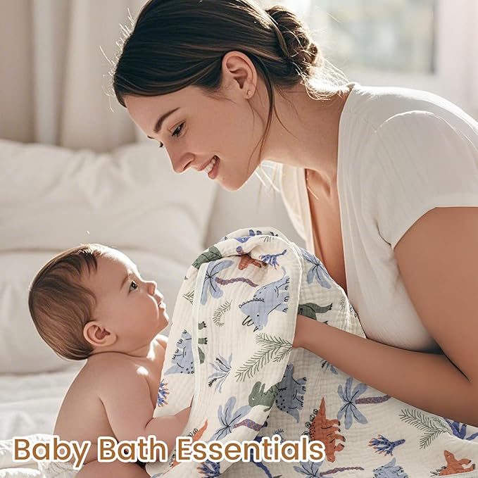 david's kids 2 Pack Hooded Baby Towels, Large 32"x32", 6 Layer 100% Muslin Cotton Highly Absorbent Boy Bath Towel for Newborn, Infant and Toddler, Soft and Breathable Baby Essentials, Dinosaur Story