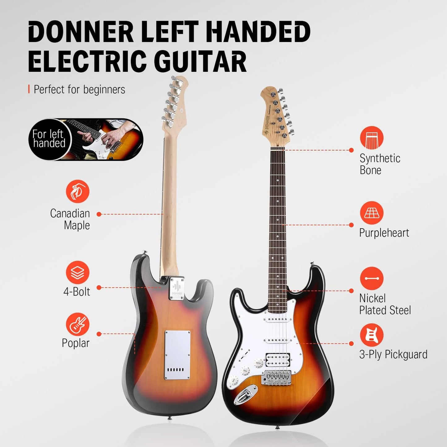 Donner 39 Inch Left-Handed Electric Guitar Kit Solid Body Sunburst Lefty Beginner Set Full-Size with Amplifier Online Lesson Bag Digital Tuner Capo Strap String Cable Picks DST-100SL