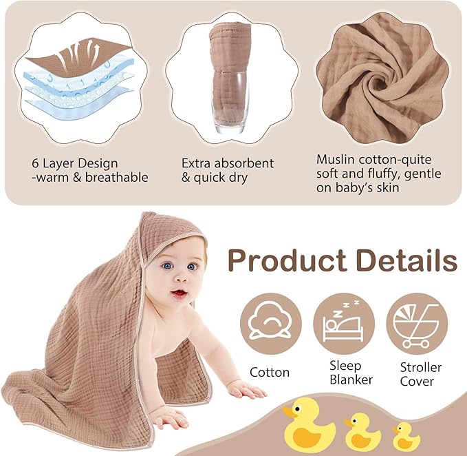 Peryiter 4 Pcs Muslin Hooded Baby Towels, 32"x 32" Cotton Newborn Bath Towel Muslin Infant Baby Blankets Absorbent Unisex Christmas Registry Gift Essentials for Girls Boys (White,Coffee,Blue)