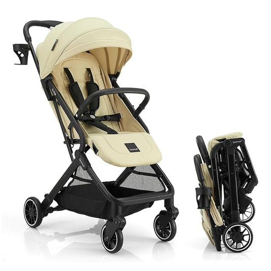 Compact Fold Baby Stroller, Lightweight Travel Toddler Stroller with One-Click Fold, Extendable UPF50+ Canopy, Cup Holder, UV Protected and Waterproof, One-Hand Folding - Beige