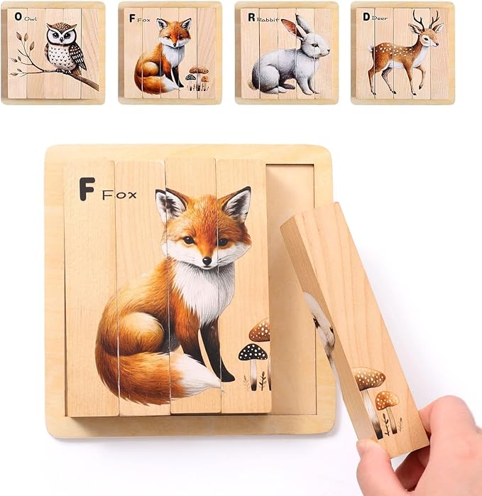 4 in 1 Wooden Animal Chunky Puzzle, 5 Solid Wood Puzzle Blocks with 4 Sides Realistic Forest Animals, Wooden Block Puzzle with Durable Base for Toddlers 3+ Years - Montessori Inspired