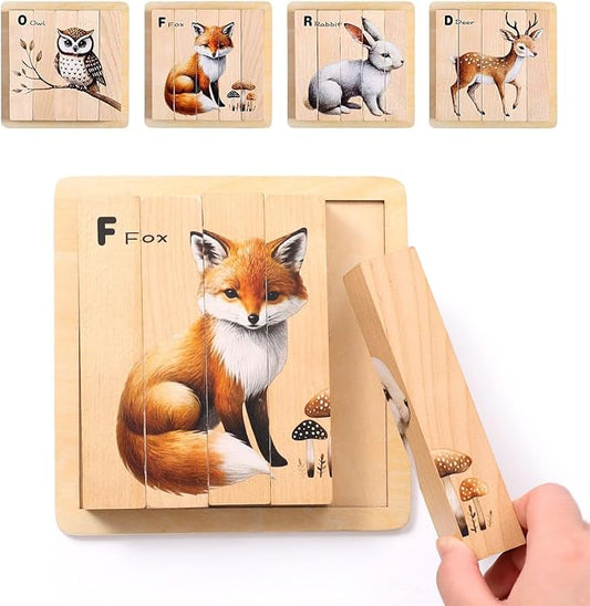 4 in 1 Wooden Animal Chunky Puzzle, 5 Solid Wood Puzzle Blocks with 4 Sides Realistic Forest Animals, Wooden Block Puzzle with Durable Base for Toddlers 3+ Years - Montessori Inspired
