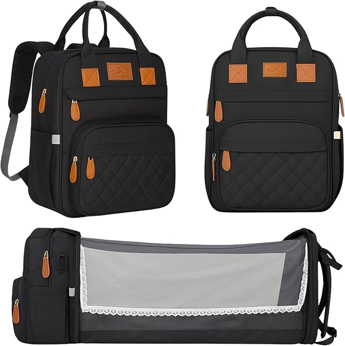 Large Diaper Bag Backpack with Changing Station, USB Charging Port, Insulated Pockets, Mosquito Net & Sun Shade – Waterproof Large Capacity Travel Diaper Bag for Moms & Dads