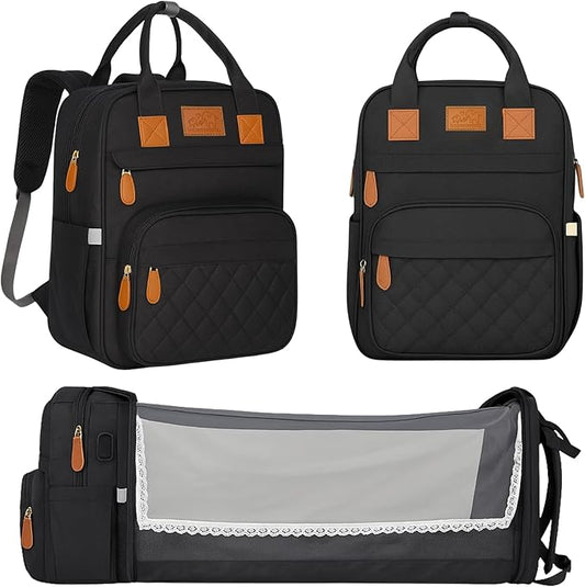 Large Diaper Bag Backpack with Changing Station, USB Charging Port, Insulated Pockets, Mosquito Net & Sun Shade – Waterproof Large Capacity Travel Diaper Bag for Moms & Dads