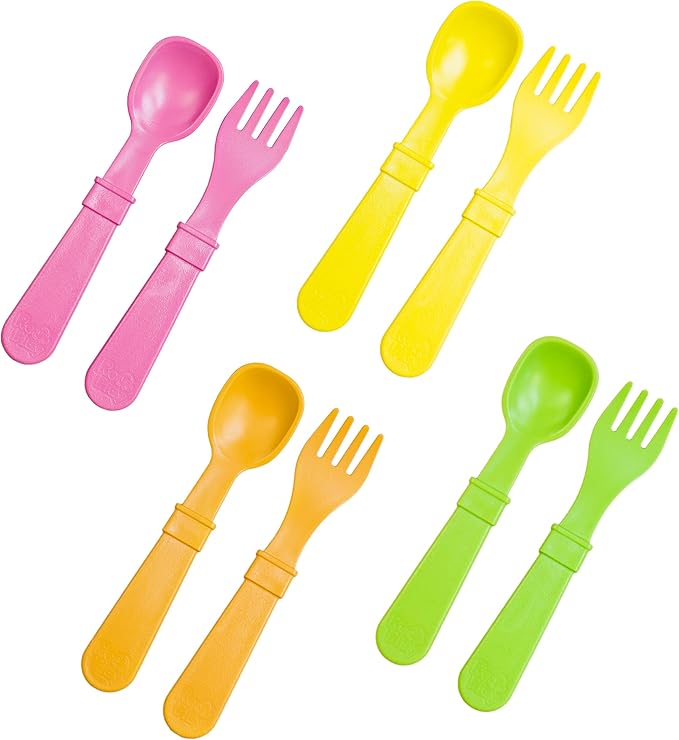 Re-Play Toddler Forks and Spoons Set - 4x4 Utensils Set for Kids - Dishwasher and Microwave Safe - Made in USA - Set of 8-5.8" x 1.2" x 0.2" - Citrus
