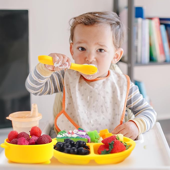 Dandat 24 Pcs Silicone Baby Feeding Set,6 Baby Toddler Suction Bowls 6 Divided Suction Plates with 6 Forks 6 Spoons, Utensils Set for Weaning Infant Feeding and Eating, 6 Styles(Bright Color)