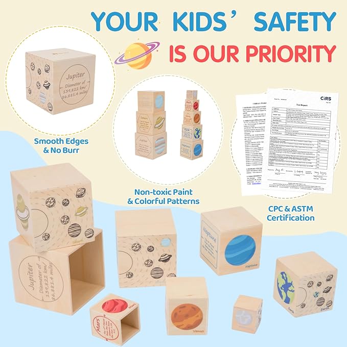 Wooden Eight Planets Nesting Blocks for Kids 3+, Montessori Sorting & Stacking Cube Boxes, Preschool Educational Science Toy Set for Toddlers Boys & Girls―Learning Solar System (8 Pcs)