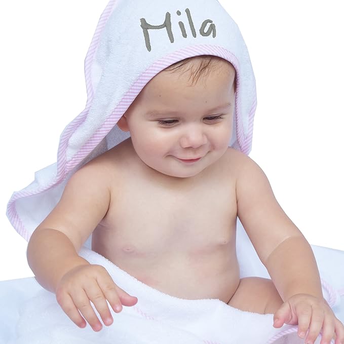 My Personal Memories Personalized Baby Hooded Bath Towel - Monogrammed for Girl and Boy - Embroidered (White with Pink)