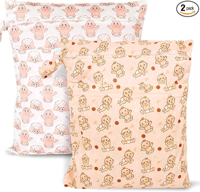 2pcs Travel Waterproof Laundry Bag, Cloth Diaper Wet Dry Bags with Handle & 2 Zipper Pockets, Reusable Washable Dirty Clothes Bag for Baby Adult Travelling Hanging, Bathing Beach Pool Daycare