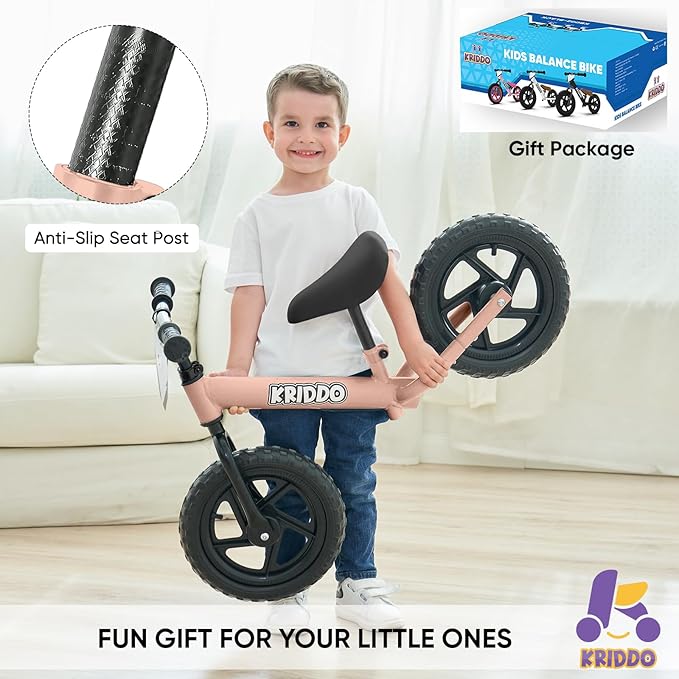 KRIDDO Toddler Balance Bike 2 Year Old, Age 24 Months to 5 Years Old, 12 Inch Push Bicycle with Customize Plate (3 Sets of Stickers Included), Steady Balancing, Gift Bike for 2-3 Boys Girls, Pink