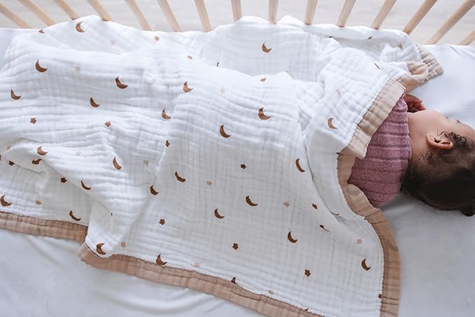100% Cotton Muslin Baby Blanket | Soft & Breathable 6-Layer Swaddle & Receiving Blanket | Lightweight Quilt for Newborns, Infants & Toddlers | Gender-Neutral (Moonlit Dreams)