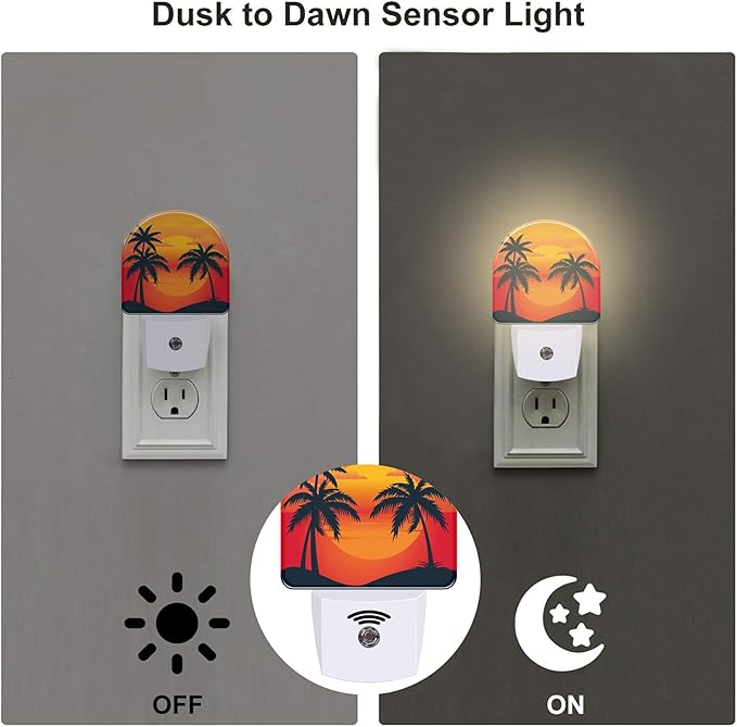 Palm Tree with Sunset Night Light Plug into Wall, Tropical Summer Beach Dusk to Dawn Night Light,0.5w Energy Saving Sleep Friendly Nightlights for Kids Boys Girls Home Decor